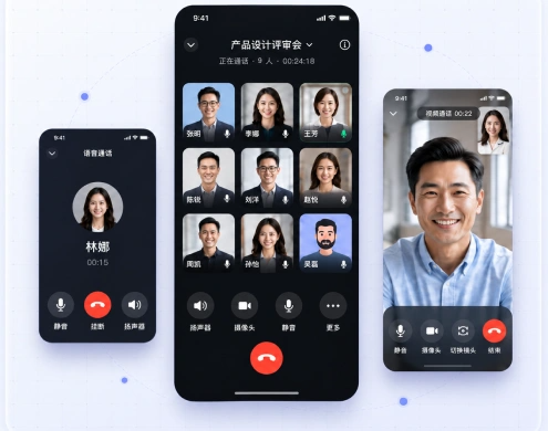 一对一语音、多人通话与一对一视频通话界面示意