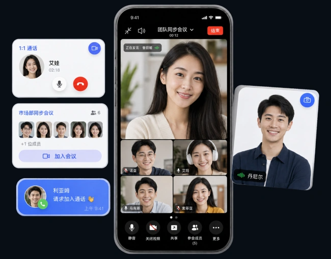 手机会议和一对一通话的组合设计，含麦克风、摄像头及共享控制